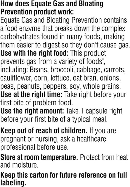 Equate Gas and Bloating Relief Prevention, Food Enzyme Dietary Supplement Capsules 100 Count (Pack of 1) - Set By Basket Goods