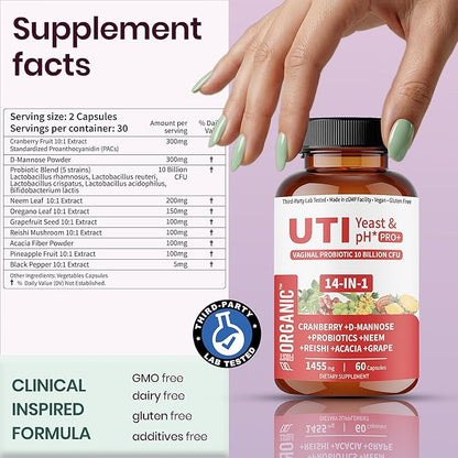 UTI Yeast & pH Pro+ | Pack of 2 | Daily Feminine Hydration & Balance Support with Cranberry, D-Manose, Aloe, Hibiscus | Third-Party Tested, cGMP Facility, Vegan, Gluten-Free | 60+60 Caps