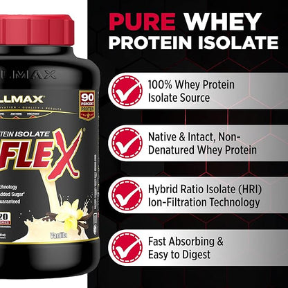 ALLMAX ISOFLEX Pure Whey Isolate Protein Powder - Gluten Free, Low Lactose, Sugar-Free - High-Protein, Clean, Keto-Friendly for Pre Post Workout Supplement for Women and Men | Vanilla, 5lb