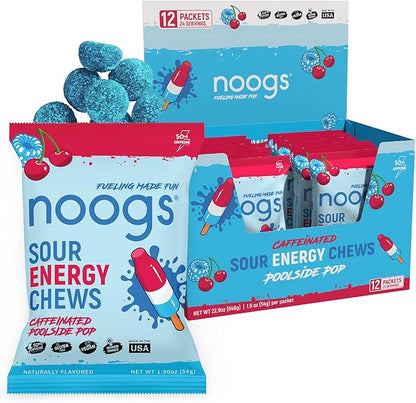 Noogs Sour Energy Chews, Poolside Pop Caffeinated Electrolyte Energy Gummies, 50mg Green Tea Caffeine, Popsicle Flavored Alternative to Running Gels, Vegan & Gluten Free, 12 Pack