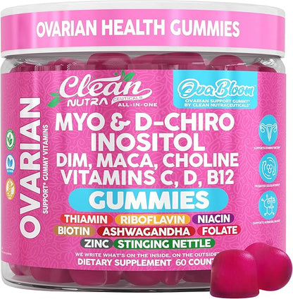 OVA Bloom Ovarian Support Gummies Myo Inositol D-Chiro Inositol Choline Flax Biotin Riboflavin Thiamin Niacin Ashwagandha DIM Maca Root Vitamin C D3 B12 Zinc 60 Count By Clean Nutra