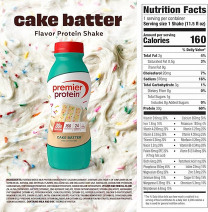 Premier Protein Shake, Cake Batter, 30g Protein, No Added Sugar, 24 Vitamins & Minerals to Support Immune Health, 11.5 fl oz, 12 Pack (Packaging May Vary)