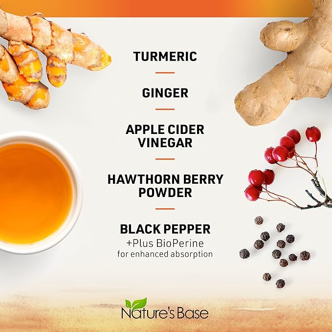 Nature's Base Turmeric and Ginger Supplement - with Curcumin, Apple Cider Vinegar & BioPerine Black Pepper Extract - 95% Curcuminoids - 240 Capsules