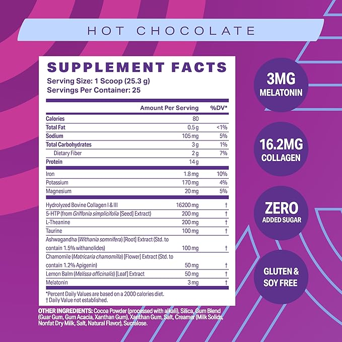 Podium Nutrition, Sleepy Collagen with Melatonin, Hot Chocolate, 25 Servings, Collagen Protein, Gluten Free, Soy Free