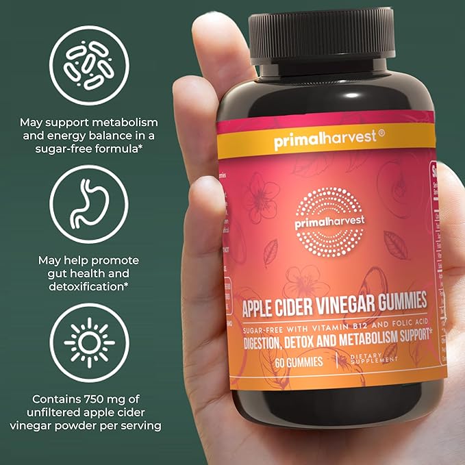 Primal Harvest 2 Pack, ACV Gummies, Sugar Free Apple Cider Gummies Beetroot and Pomegranate to Support Immunity, Digestion and Detox 750 MG (120 Count)