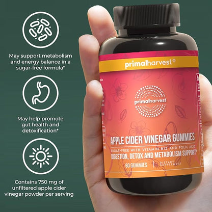 Primal Harvest ACV Gummies, 60 Sugar Free Apple Cider Gummies Beetroot and Pomegranate to Support Immunity, Digestion and Detox 750 MG