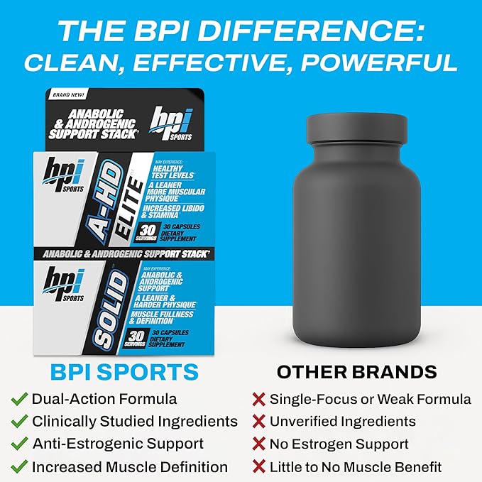 BPI Sports A-HD Elite/Solid Testosterone Booster for Men - Testosterone Supplement for Muscle, Strength, Libido & Performance Support - Promotes Natural Fat Loss – 30 Servings – 550mg