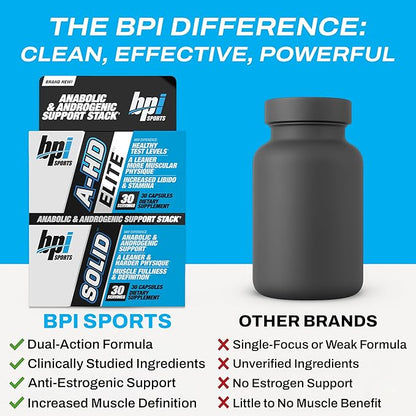 BPI Sports A-HD Elite/Solid Testosterone Booster for Men - Testosterone Supplement for Muscle, Strength, Libido & Performance Support - Promotes Natural Fat Loss – 30 Servings – 550mg