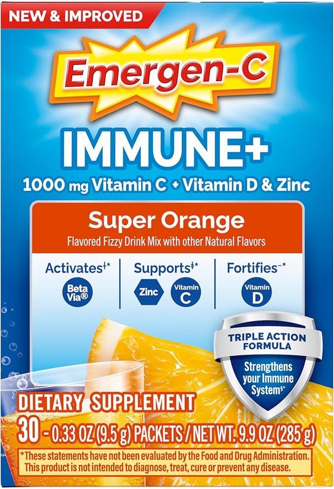 Emergen-C Immune+ Triple Action Immune Support Powder, BetaVia (R), 1000mg Vitamin C, B Vitamins, Vitamin D and Antioxidants, Super Orange – 30 Count