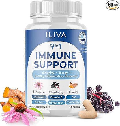 ILIVA-by-INDICAID 9-in-1 Immune Support Supplement: Daily Serving for Respiratory Immunity, Vitamin C, D3, Calcium, Zinc, Proprietary Herbal Elderberry+echinacea+Turmeric. 60 Tablets for 30 Days