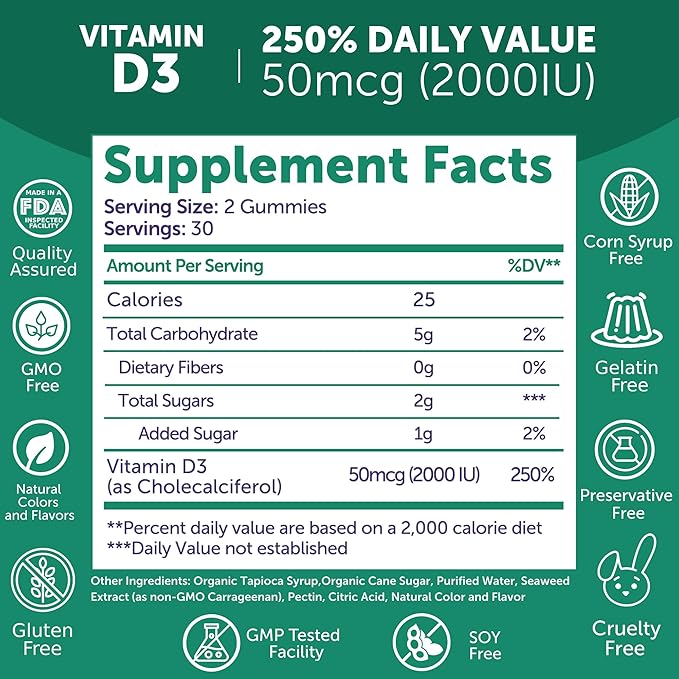 Lunakai USA Made Vitamin D3 Gummies 2000 IU - Non-GMO, Gluten-Free Vitamin D Gummies for Women & Men - Bone, Immune & Energy Support, 60ct, 6 Pack