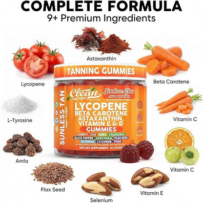 Sunless Glow Lycopene Beta Carotene Tanning Gummies Astaxanthin Vitamin C D E Flax Seed Selenium Amla l Tyrosine PABA Black Pepper 60 Count Strawberry Banana Flavor By Clean Nutra