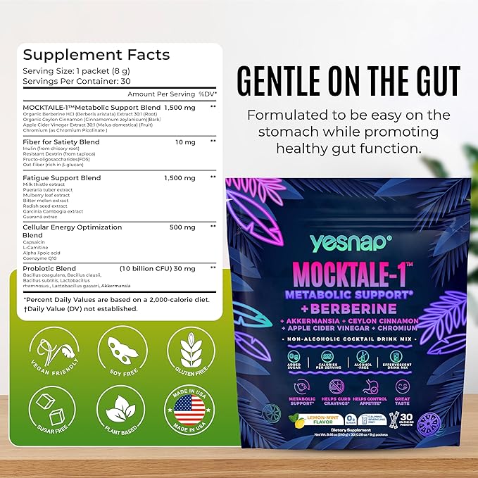 MOCKTALE-1 Metabolic GLP-1 Weight Management Supplement with Berberine & Akkermansia, Chromium, Ceylon Cinamon, Apple Cider Vinegar Lemon Mint Flavor Non-Alcoholic Cocktail 30 Packets