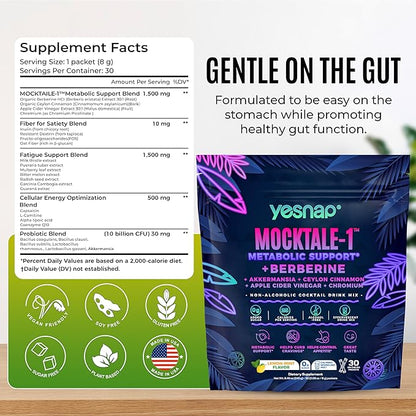 MOCKTALE-1 Metabolic GLP-1 Weight Management Supplement with Berberine & Akkermansia, Chromium, Ceylon Cinamon, Apple Cider Vinegar Lemon Mint Flavor Non-Alcoholic Cocktail 30 Packets