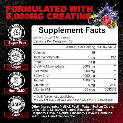 Creatine Monohydrate Gummies for Men & Women with L-Carnitine & Taurine – Pre-Workout Supplement for Muscle Strength, Energy Boost – Sugar Free, Vegan, Berry Flavor, Chewable Gummy 120 Count