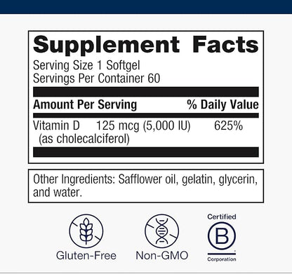 Metagenics Vitamin D3 5000 IU Supplement - High Potency Softgels for Immune, Bone & Heart Health* - 125 mcg Cholecalciferol in Coconut Oil for Enhanced Absorption* - Non-GMO, Gluten-Free - 60 Count
