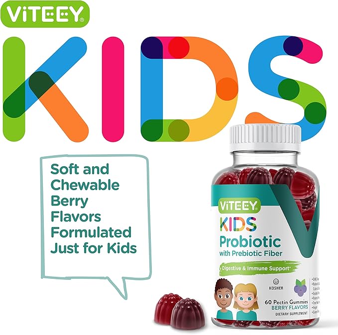 Viteey Probiotic Gummies for Kids Plus Prebiotics Fiber - 2 Billion CFUs - Digestive Health,Gut Health, Constipation Relief for Kids Support - Vegan, Gelatin Free - Chewable Probiotic Berry Flavored
