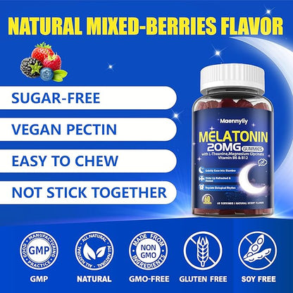 Maennyliy Melatonin 20mg Gummies for Adults - Sugar Free Melatonin Gummies Extra Strength with L-Theanine, Magnesium, Ashwagandha, Turmeric, D3 & Zinc - Non-Habit Forming