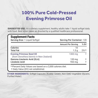 Naturalis Evening Primrose Oil (1300mg) | Natural from New Zealand | Non-GMO, Soy & Gluten Free, Zero Filler | 120 Softgels