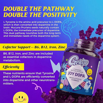 Joy Dopa Focus & Energy Gummies – Natural Dopamine Support with Mucuna Pruriens, L-Tyrosine, L-Theanine & GABA | Steady Focus, Daily Drive & Balanced Energy | Vegan, Non-GMO, Blueberry Flavor