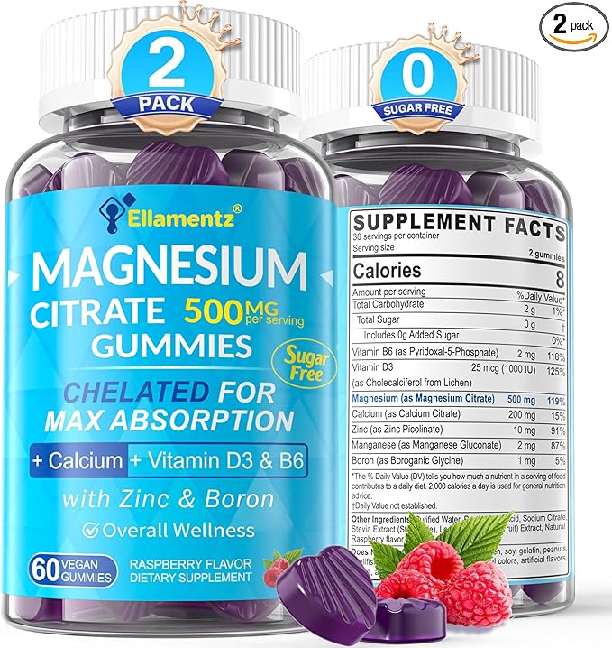 Magnesium Citrate Gummies 500mg for Women Men Sugar Free, Magnesium Citrate for Constipation & Bloated | Chelated Magnesium Supplement w/ B6 for Mood, Calm | Calcium Magnesium for Bone & Muscle,120cts