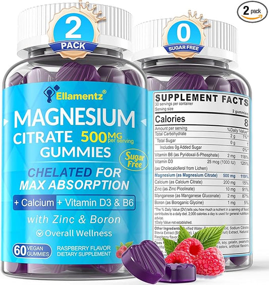 Magnesium Citrate Gummies 500mg for Women Men Sugar Free, Magnesium Citrate for Constipation & Bloated | Chelated Magnesium Supplement w/ B6 for Mood, Calm | Calcium Magnesium for Bone & Muscle,120cts