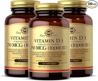 Solgar - Vitamin D3 (Cholecalciferol) 10,000 IU Softgels, 120 Count (3 Pack) - Supports Bone, Muscle and Immune System