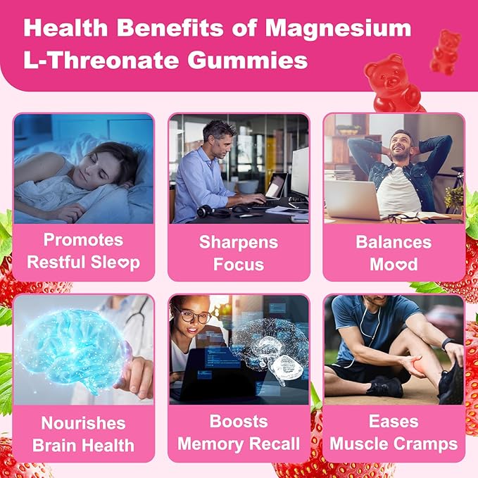 180 Count Magnesium L-Threonate Gummies, High Absorption Magnesium Threonate Supplement for Adults & Kids, Support Brain Health, Memory, Focus, Restful zzZ & Muscle, Sugar Free, Vegan, Non-GMO