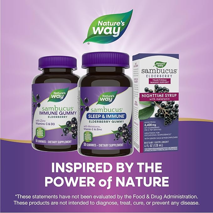 Nature's Way Sambucus Sleep + Immune* Elderberry Gummies, Sleep Support for Adults and Immune Support*, with Melatonin, Vitamin C, L-Theanine, Zinc, 50 Gummies (Packaging May Vary),(Pack of 2)