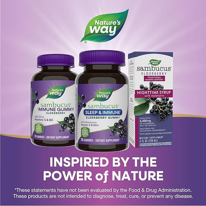 Nature's Way Sambucus Sleep + Immune* Elderberry Gummies, Sleep Support for Adults and Immune Support*, with Melatonin, Vitamin C, L-Theanine, Zinc, 50 Gummies (Packaging May Vary),(Pack of 2)