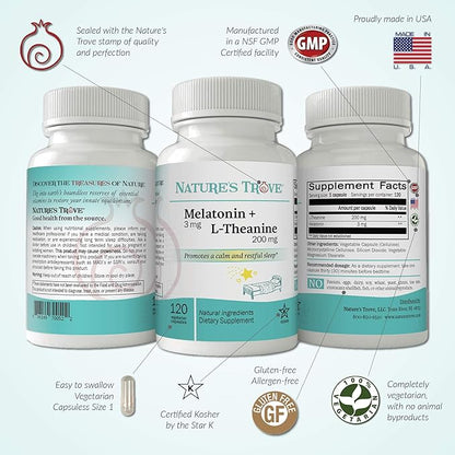 Nature's Trove Melatonin 3mg + L Theanine 200mg – Calm and Relaxation – 120 Kosher Vegetarian Capsules (Pack of 2)