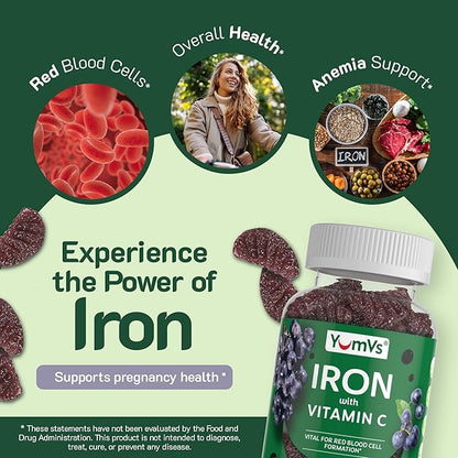 YUM-V'S Iron Gummies, Grape Flavor - 10 mg Chewable Iron Supplement, Gummies with Vitamin C - Kosher, Gluten Free - Blood Builder Iron Supplement Gummies (60 Count), Pack of 20