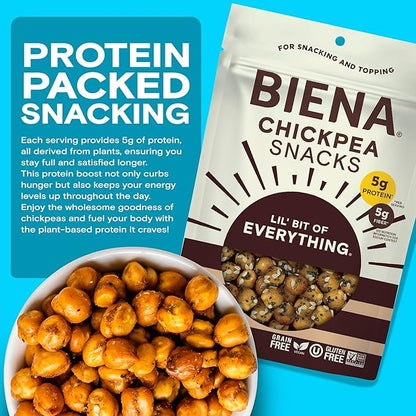 Biena Crispy Roasted Chickpea Snacks, Lil’ Bit of Everything, High Protein Snacks, High Fiber Snacks, Gluten Free, Plant-Based, Non-GMO, Healthy Snacks for Adults and Kids, 4-Pack 5 Ounce Bags
