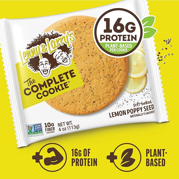Lenny & Larry's Complete Protein Cookie, [Lemon Poppy Seed], Chewy Soft Baked, 16g Plant Protein, Vegan, Non-GMO, High Fiber, 4 Ounce Cookie (Pack of 12)