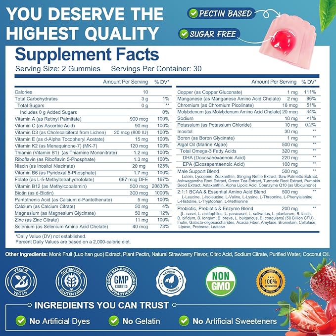 Totaria 2 Packs Sugar Free Multivitamin for Men with Omega 3, Probiotics, Mens Multivitamins Gummies w/Methylated B Complex, BCAA, Lycopene, Zinc, for Daily Energy, Immune, Heart, Iron Free