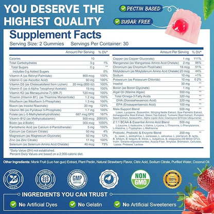 Totaria 2 Packs Sugar Free Multivitamin for Men with Omega 3, Probiotics, Mens Multivitamins Gummies w/Methylated B Complex, BCAA, Lycopene, Zinc, for Daily Energy, Immune, Heart, Iron Free