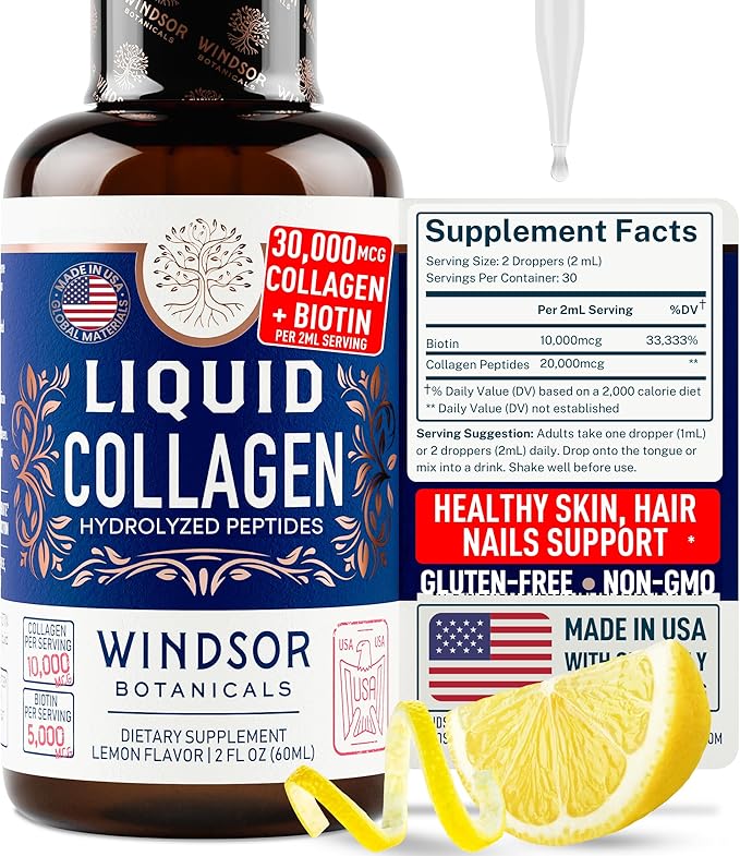 Liquid Collagen for Women and Men with Biotin - 30,000mcg Hydrolyzed Collagen Liquid Peptides Supplement plus Biotin for Hair, Skin, Nail Support - Sublingual Drops or in Drinks - Natural Lemon, 2 oz