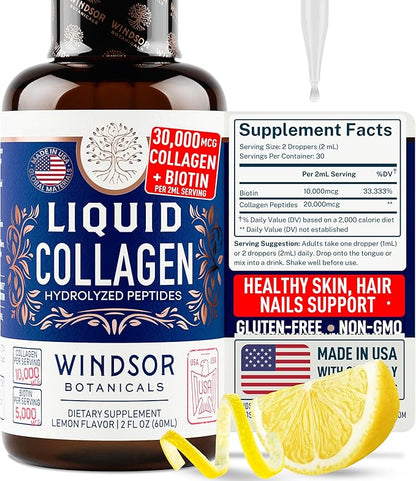 Liquid Collagen for Women and Men with Biotin - 30,000mcg Hydrolyzed Collagen Liquid Peptides Supplement plus Biotin for Hair, Skin, Nail Support - Sublingual Drops or in Drinks - Natural Lemon, 2 oz