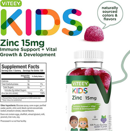 Viteey Zinc for Kids Gummies 15mg - Immune Support for Kids & Teens - Powerful Natural Antioxidant, Kids Zinc Vitamin Supplement - Vegan, Gelatin Free, Gluten Free - Tasty Chewable Berry Flavor Gummy