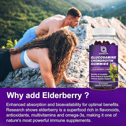 Glucosamine Chondroitin Gummies - 2- Pack, Extra Strength 1500mg Glucosamine with MSM & Elderberry, Flexibility Support, Best Cartilage & Immune Support Supplement for Men and Women - 120 count
