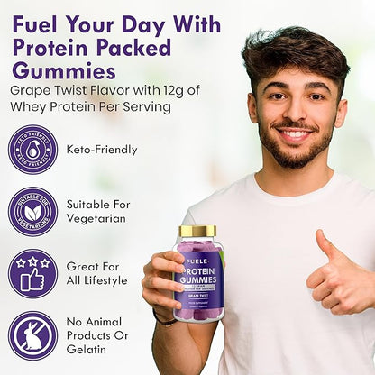 Protein Gummies – 12g High Protein Snack, Grape Twist Flavor, No Added Sugar, Whey Protein Gummies, Supports Muscle Recovery, Post Workout Supplement (60 Gummies)