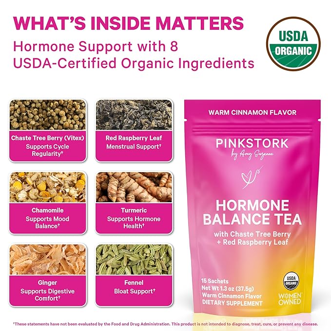 Pink Stork Hormone Balance Tea for Women – Red Raspberry Leaf & Chasteberry (Vitex) – Organic Herbal Tea for PMS, Menstrual Cycle & Perimenopause Support – Caffeine-Free Cinnamon Blend – 30 Cups