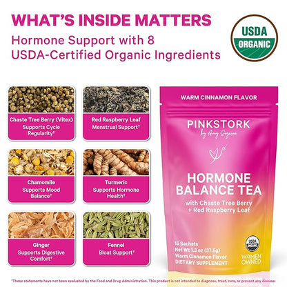 Pink Stork Hormone Balance Tea for Women – Red Raspberry Leaf & Chasteberry (Vitex) – Organic Herbal Tea for PMS, Menstrual Cycle & Perimenopause Support – Caffeine-Free Cinnamon Blend – 30 Cups