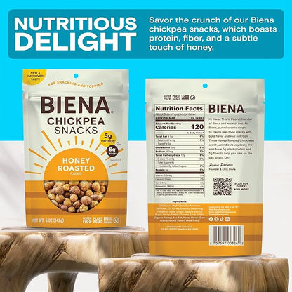 BIENA Chickpea Snacks - Crunchy Roasted Chickpeas - High Fiber Protein Snacks for Adults and Kids - 4-Pack, 5 Ounce Bags - Honey Roasted