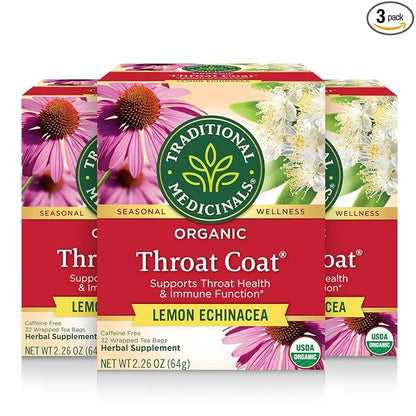 Traditional Medicinals Tea, Organic Throat Coat Lemon Echinacea, Supports Throat Health & Immune Function - Kosher, Non-GMO, Caffeine-Free, Compostable - 96 Tea Bags (3 Pack)