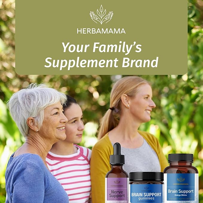 HERBAMAMA Brain Support Gummies – Brain Focus Supplements for Adults with Ashwagandha, Bacopa Monnieri, Vitamin C & B12 – Vegan, Non-GMO Calming Gummies – 60 Pectin-Based Blueberry-Flavored Chews