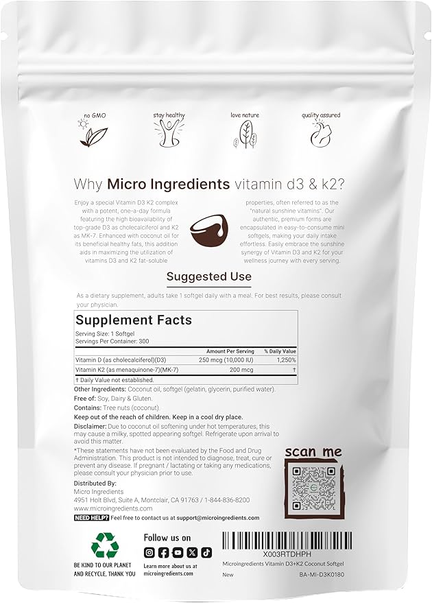 Micro Ingredients Vitamin D3 10,000 IU + K2 MK-7 200 mcg, 600 Softgels with Virgin Coconut Oil (2 Pack) | 2-in-1 Vitamins D & K Complex | Extra Strength, Easy to Swallow, Non-GMO, Gluten Free