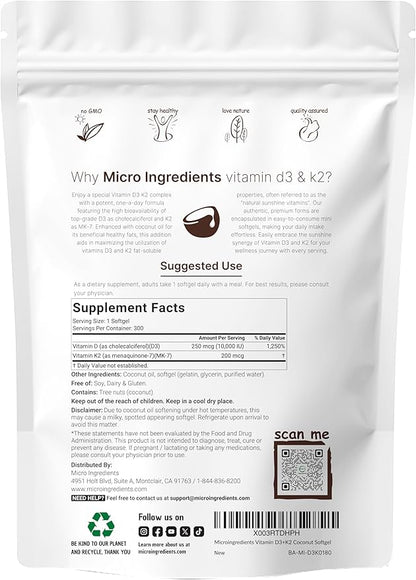 Micro Ingredients Vitamin D3 10,000 IU + K2 MK-7 200 mcg, 600 Softgels with Virgin Coconut Oil (2 Pack) | 2-in-1 Vitamins D & K Complex | Extra Strength, Easy to Swallow, Non-GMO, Gluten Free