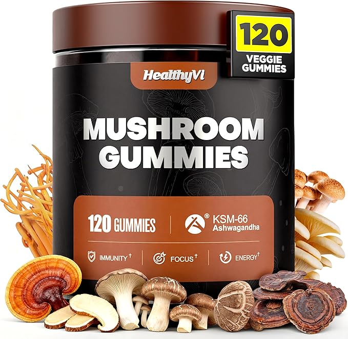 10-In-1 Mushroom Gummies with KSM-66 Ashwagandha & Magnesium Threonate Boosts Focus, Memory & Cognitive, 120 Ct Mushroom Supplement with Vitamin D3 & B12 for Immunity & Energy, Vegan, Blueberry Flavor