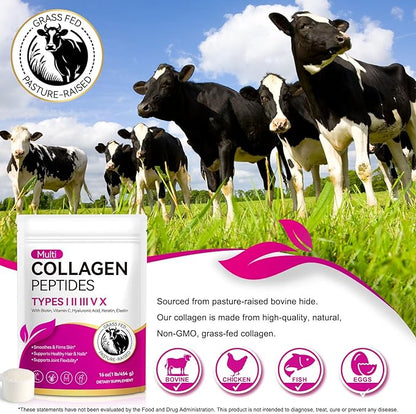 Multi Collagen Peptides Powder, 1lb – Types I, II, III, V, X | Hydrolyzed Collagen with Biotin, Vitamin C, Hyaluronic Acid, Keratin & Elastin | Supports Skin Hair Nail & Joint, Grass-Fed